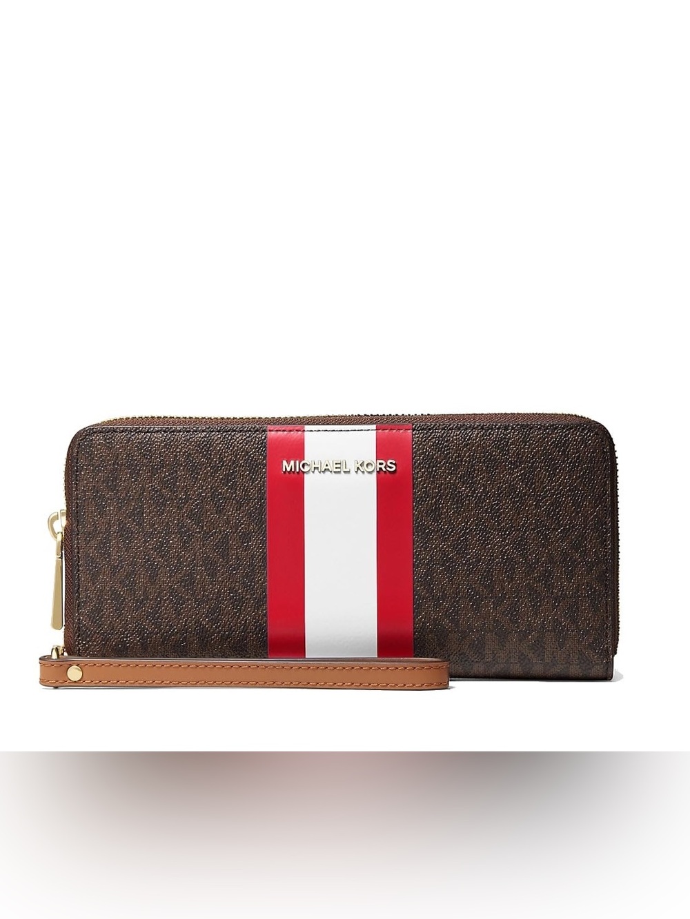 NWT Michael Kors Brown leather Wristlet Wallet with Red and White Centre Stripe